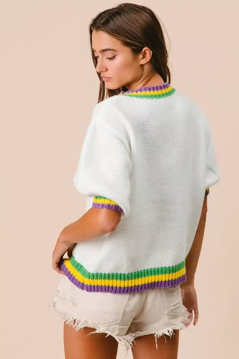 BiBi Short Puff Sleeve Ribbon Bow Mardi Gras Sweater - Trendsi - Flyclothing LLC