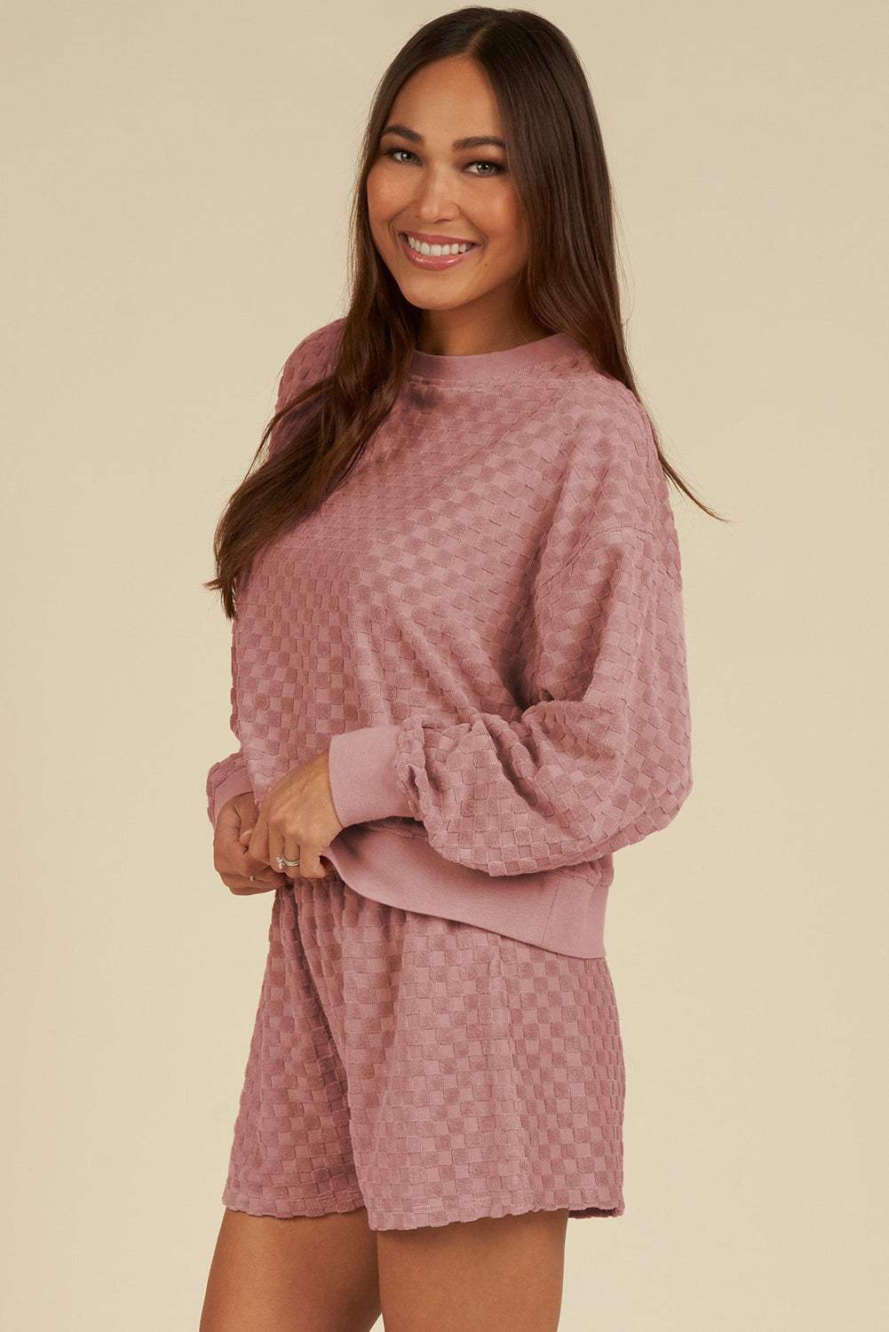 Round Neck Long Sleeve Checkered Top and Shorts Set - Trendsi - Flyclothing LLC