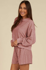 Round Neck Long Sleeve Checkered Top and Shorts Set - Trendsi - Flyclothing LLC