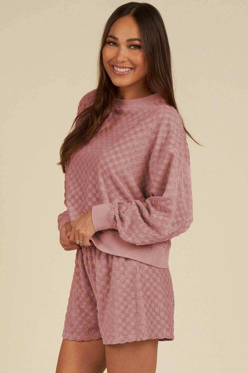 Round Neck Long Sleeve Checkered Top and Shorts Set - Trendsi - Flyclothing LLC