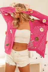 BiBi Flower Patches Open Knit Sweater Cardigan - Trendsi - Flyclothing LLC