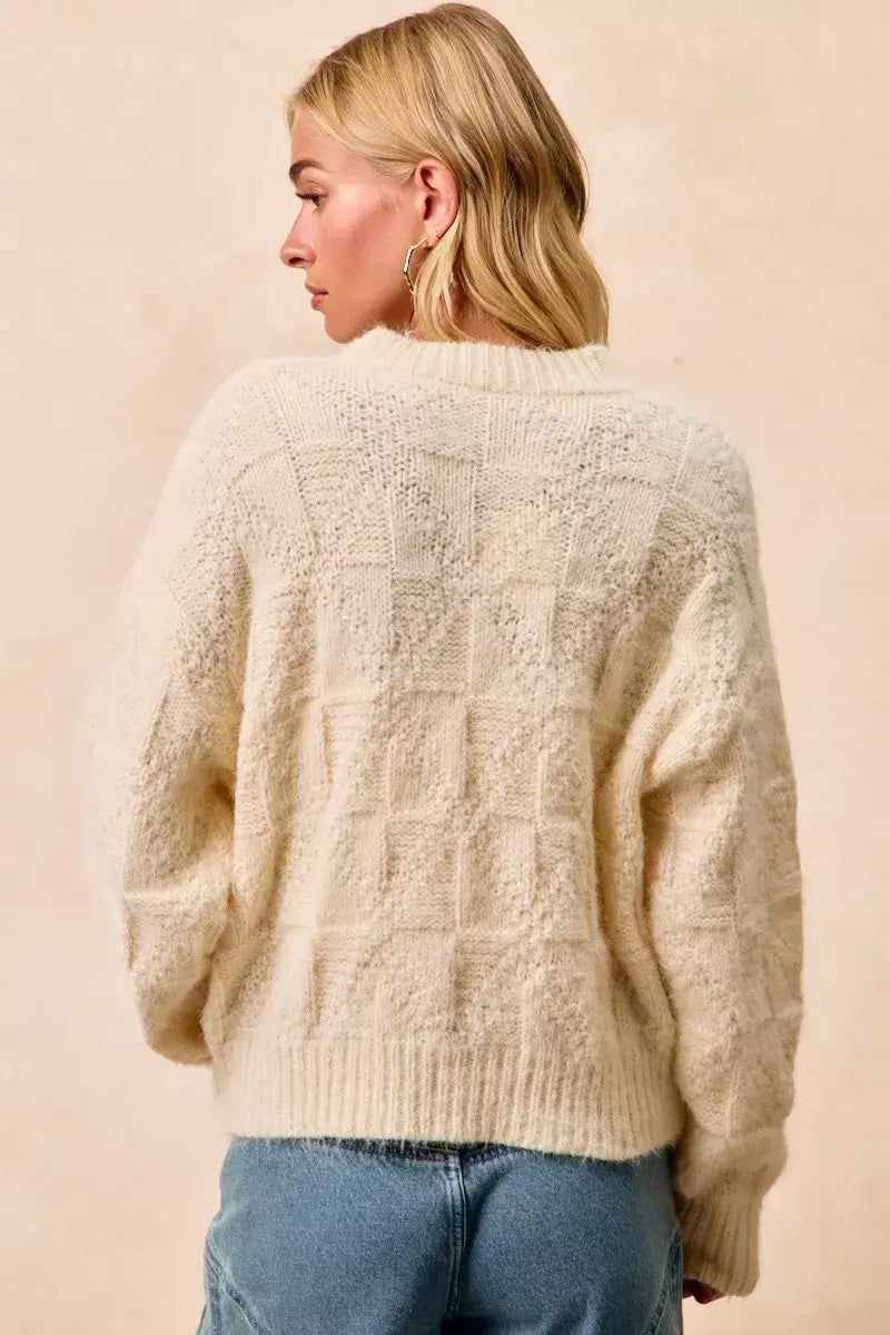 BiBi Checker Board Drop Shoulder Sweater - Trendsi - Flyclothing LLC