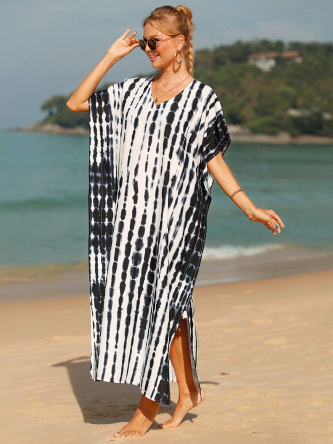 Tie-Dye V-Neck Half Sleeve Cover-Up - Trendsi - Flyclothing LLC