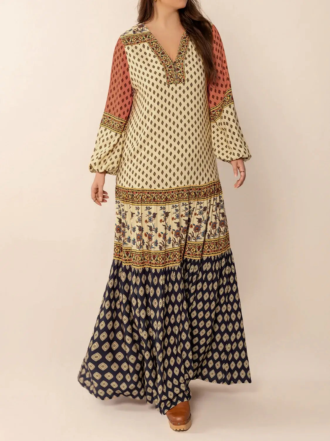 Printed V-Neck Balloon Sleeve Maxi Dress - Trendsi - Flyclothing LLC