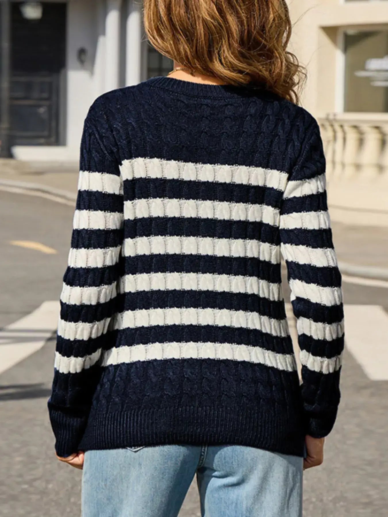 Striped Cable Knit Round Neck Sweater - Trendsi - Flyclothing LLC