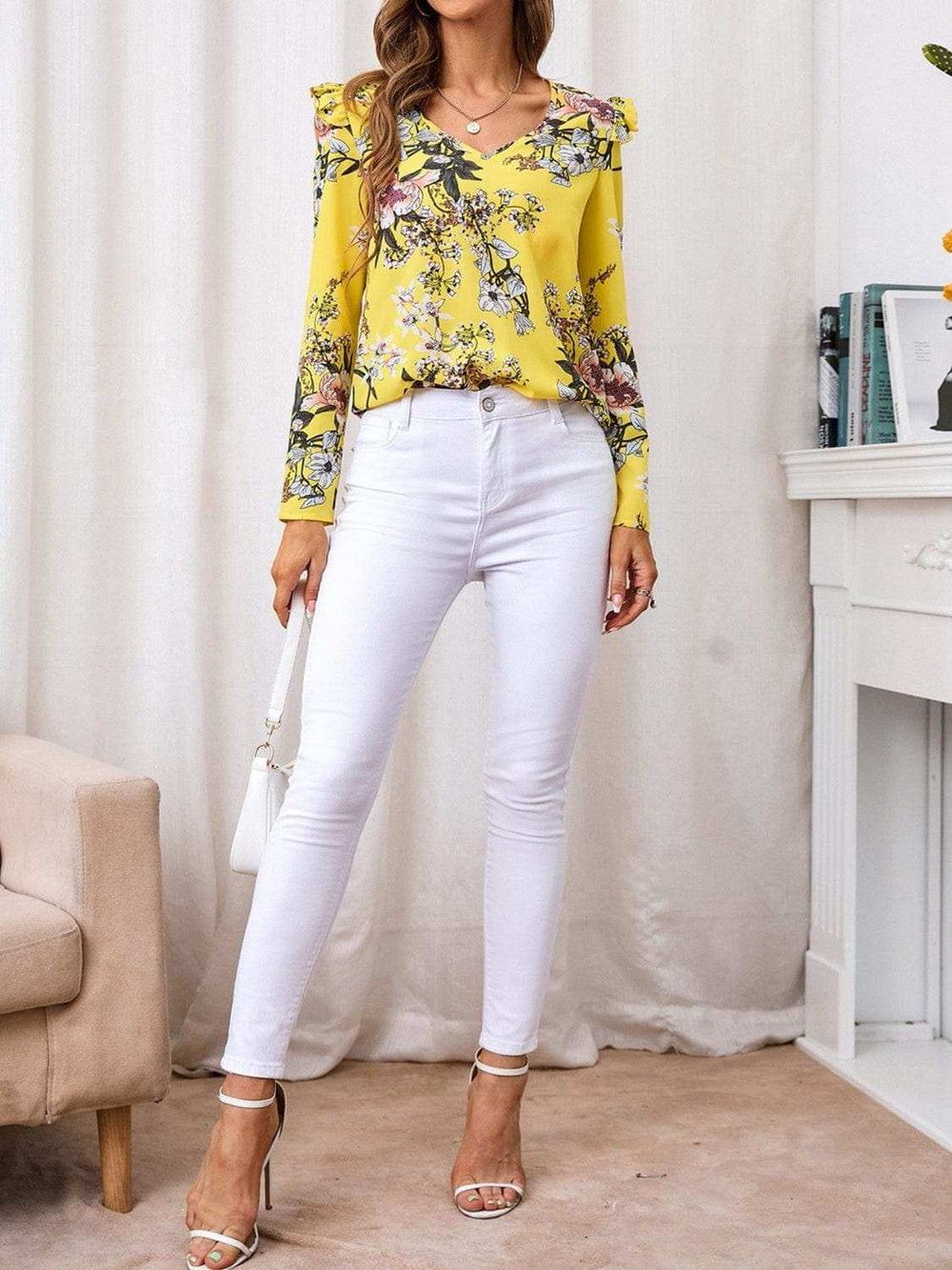 Ruffled Printed V-Neck Long Sleeve Blouse - Trendsi - Flyclothing LLC