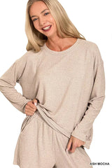 Zenana Soft Melange Long Sleeve Tee and Shorts Set - Trendsi - Flyclothing LLC