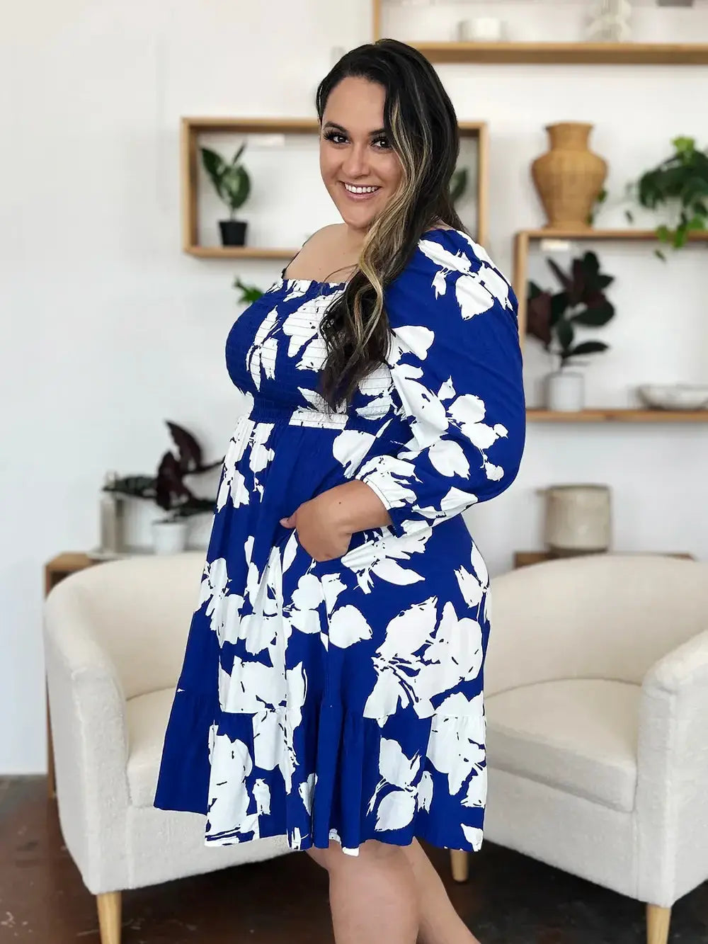 Double Take Full Size Floral Ruffle Hem Smocked Dress with Pockets - Trendsi - Flyclothing LLC