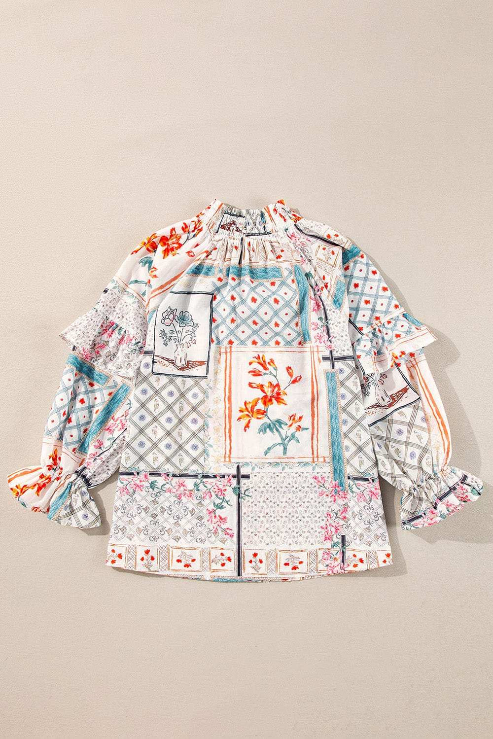 Ruffled Printed Tie Neck Three-Quarter Sleeve Blouse - Trendsi - Flyclothing LLC