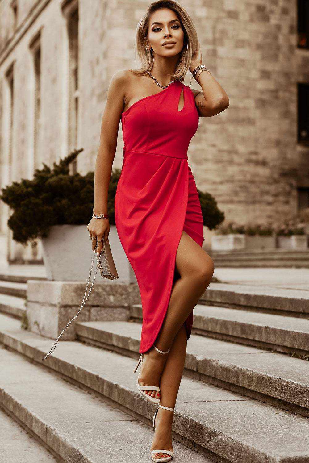Ruched Cutout Single Shoulder Dress - Trendsi - Flyclothing LLC