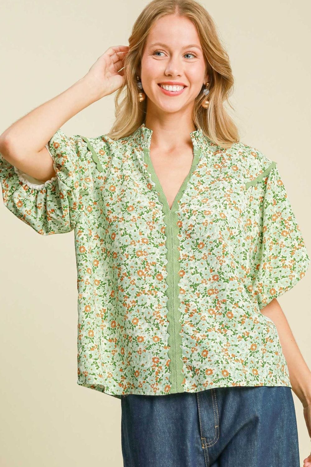 Umgee Full Size Floral Print Puff Sleeve Top Plus Size - Trendsi