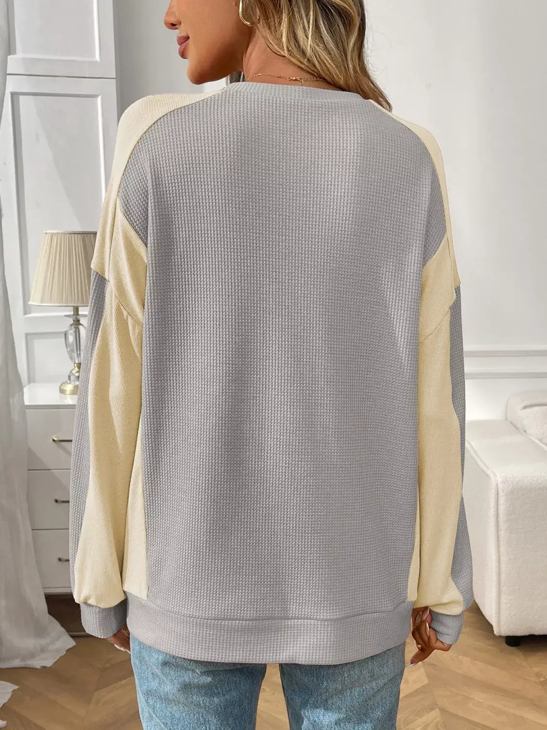Color Block Waffle Knit Long Sleeve T-Shirt - Trendsi - Flyclothing LLC