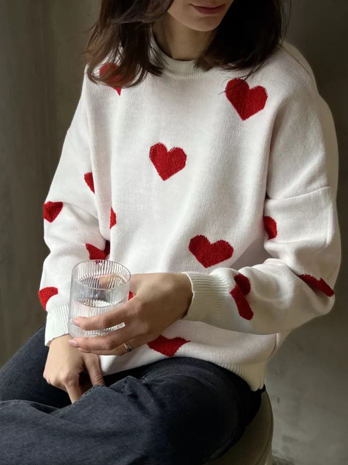 Heart Round Neck Dropped Shoulder Sweater - Trendsi