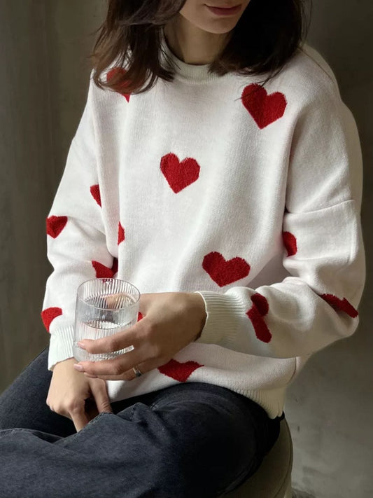 Heart Round Neck Dropped Shoulder Sweater - Trendsi