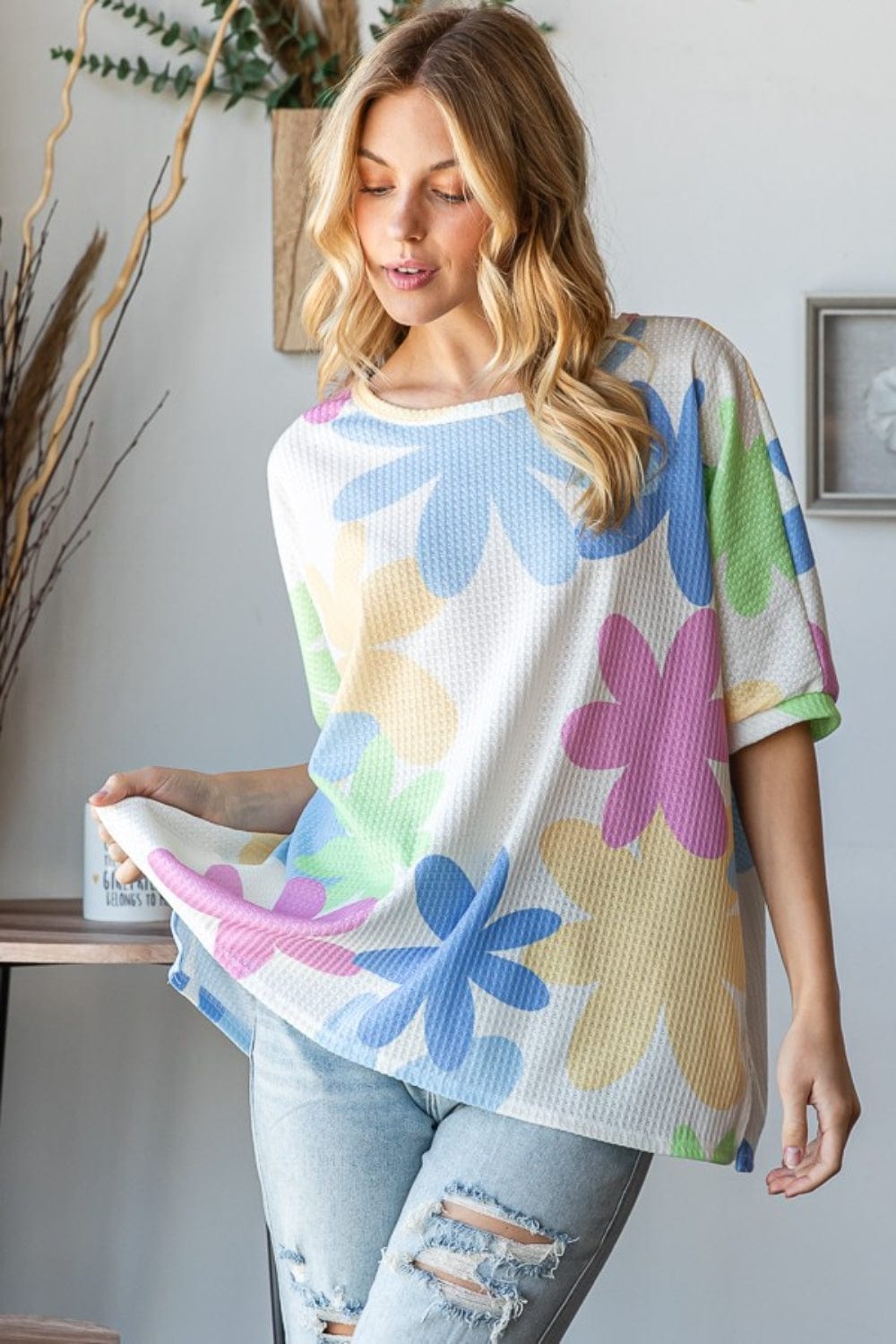 HOPELY Floral Round Neck Waffle T-Shirt - Trendsi