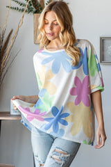 HOPELY Floral Round Neck Waffle T-Shirt - Trendsi