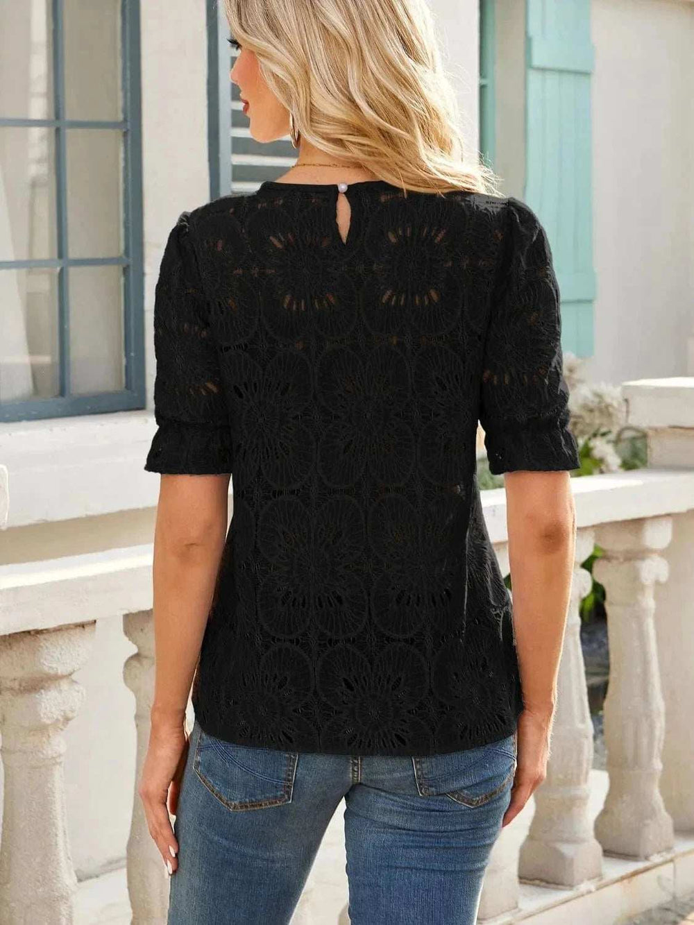 Openwork Round Neck Short Sleeve Top - Trendsi - Flyclothing LLC