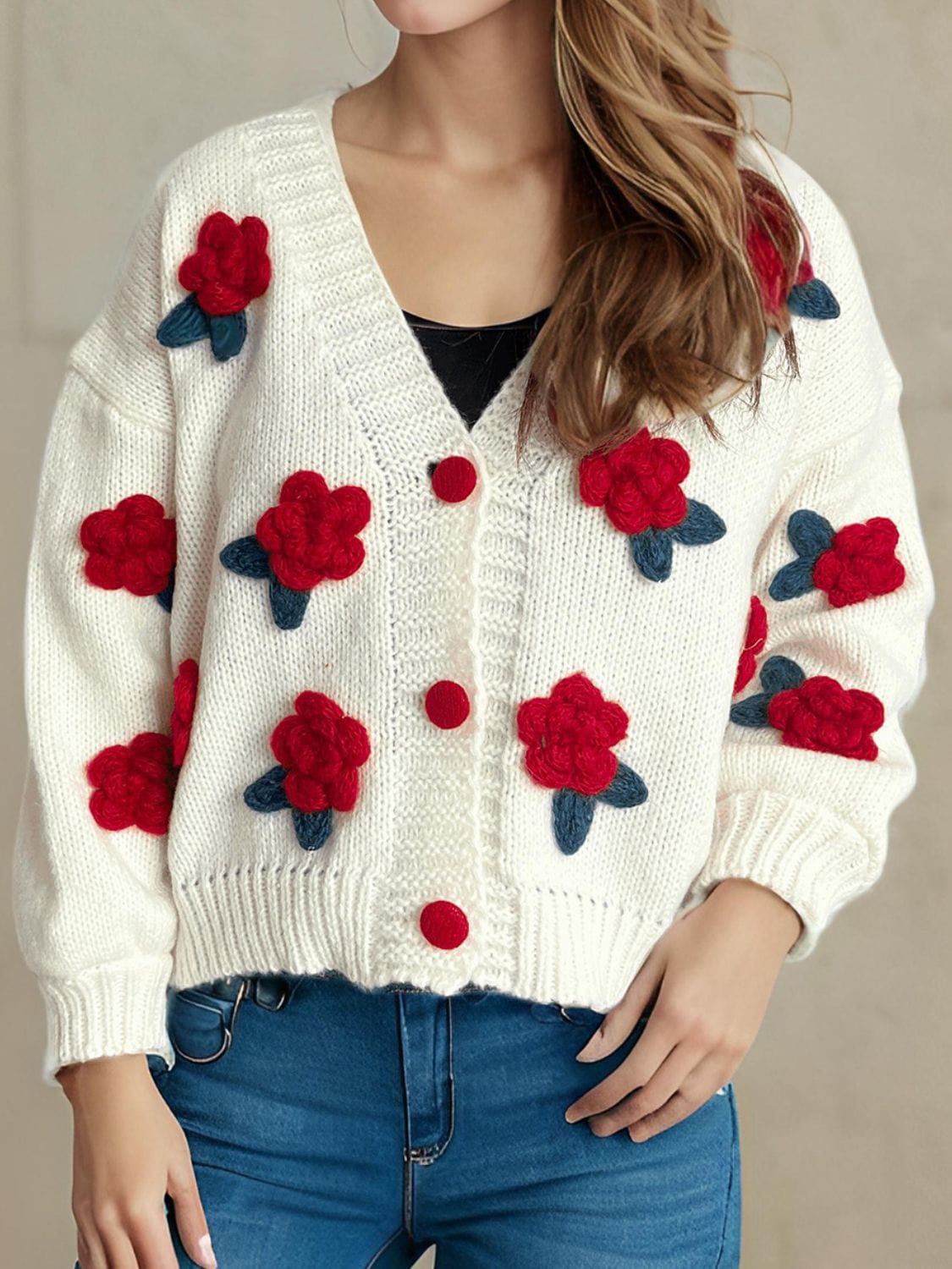 Flower Button Down V-Neck Long Sleeve Cardigan - Trendsi