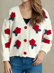 Flower Button Down V-Neck Long Sleeve Cardigan - Trendsi