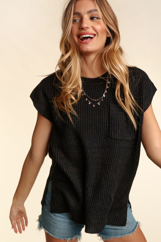 Haptics Pocketed Round Neck Cap Sleeve Knit Top - Trendsi