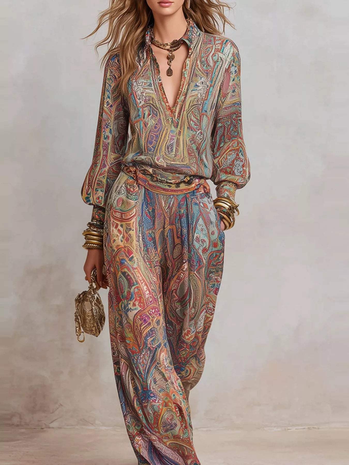 Paisley Print Long Sleeve Top and Pants Set - Trendsi - Flyclothing LLC