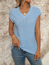 V-Neck Short Sleeve Knit Top - Trendsi - Flyclothing LLC