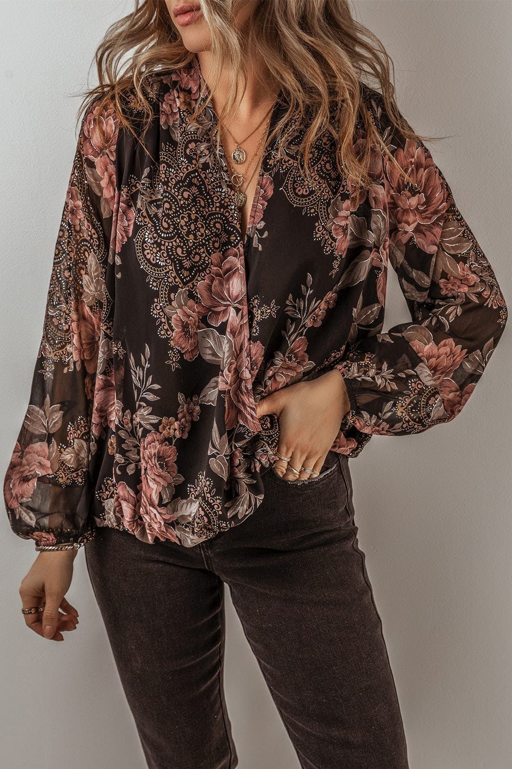 Printed Surplice Long Sleeve Blouse - Trendsi