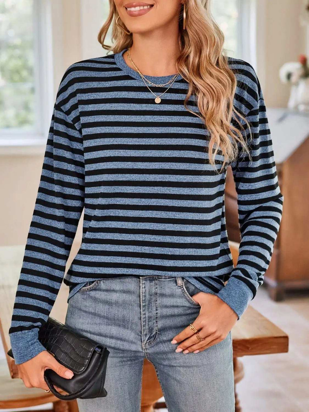 Striped Round Neck Long Sleeve T-Shirt - Trendsi - Flyclothing LLC