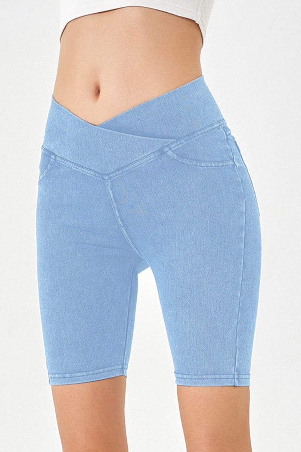 Basic Bae Asymmetrical Waist Denim Shorts with Pockets - Trendsi - Flyclothing LLC