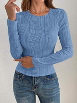 Textured Round Neck Long Sleeve Top - Trendsi - Flyclothing LLC