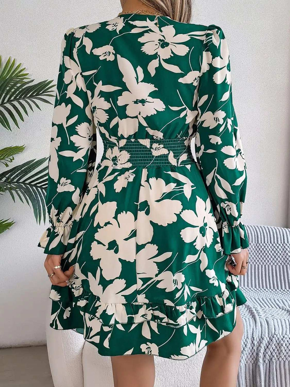 Tied Ruffled Printed Long Sleeve Dress - Trendsi - Flyclothing LLC