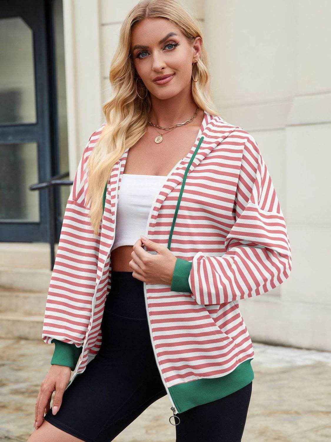 Drawstring Striped Zip Up Long Sleeve Hoodie - Trendsi - Flyclothing LLC