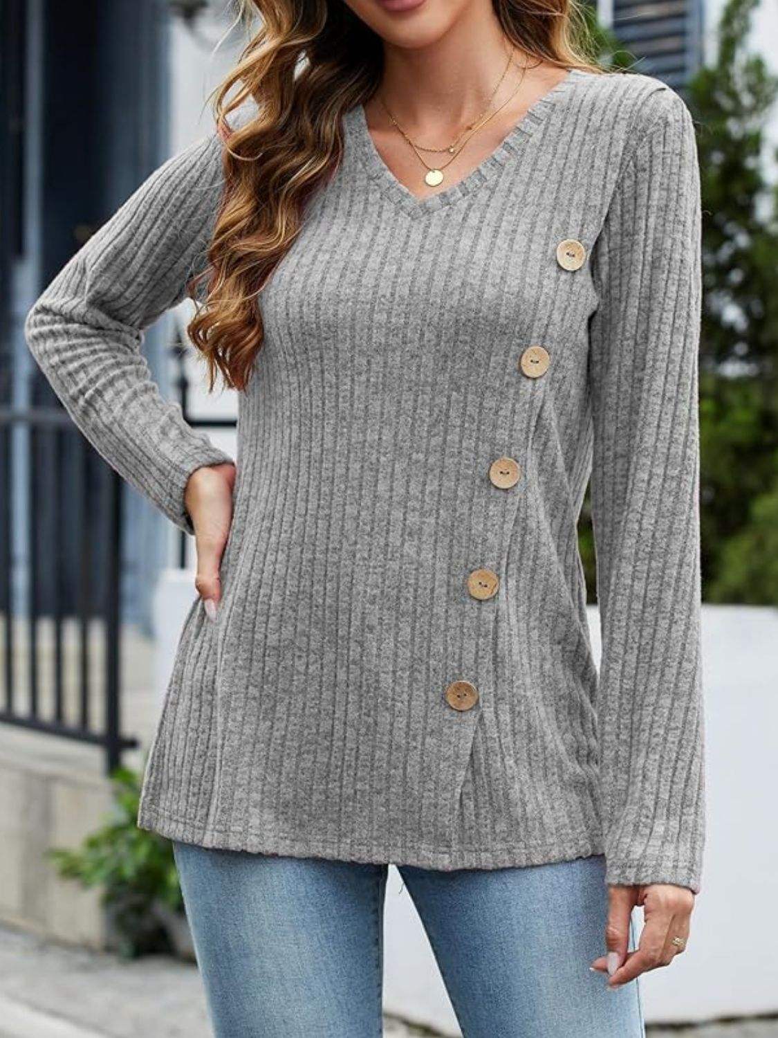 V-Neck Long Sleeve T-Shirt - Trendsi - Flyclothing LLC