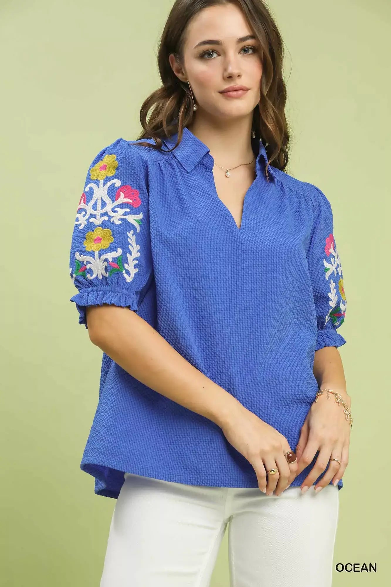 Umgee Seersucker Embroidered Sleeve Blouse - Trendsi - Flyclothing LLC
