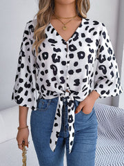 Tied Button Up Leopard V-Neck Blouse Trendsi