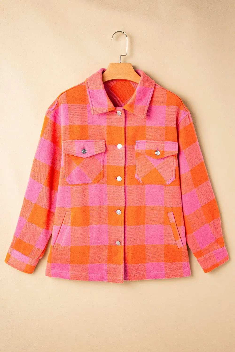 Plaid Collared Neck Button Up Jacket - Trendsi - Flyclothing LLC