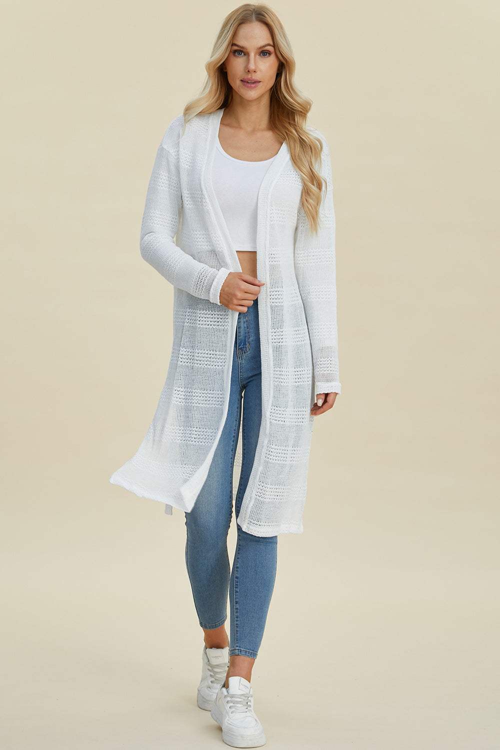 Double Take Full Size Open Front Longline Cardigan - Trendsi - Flyclothing LLC