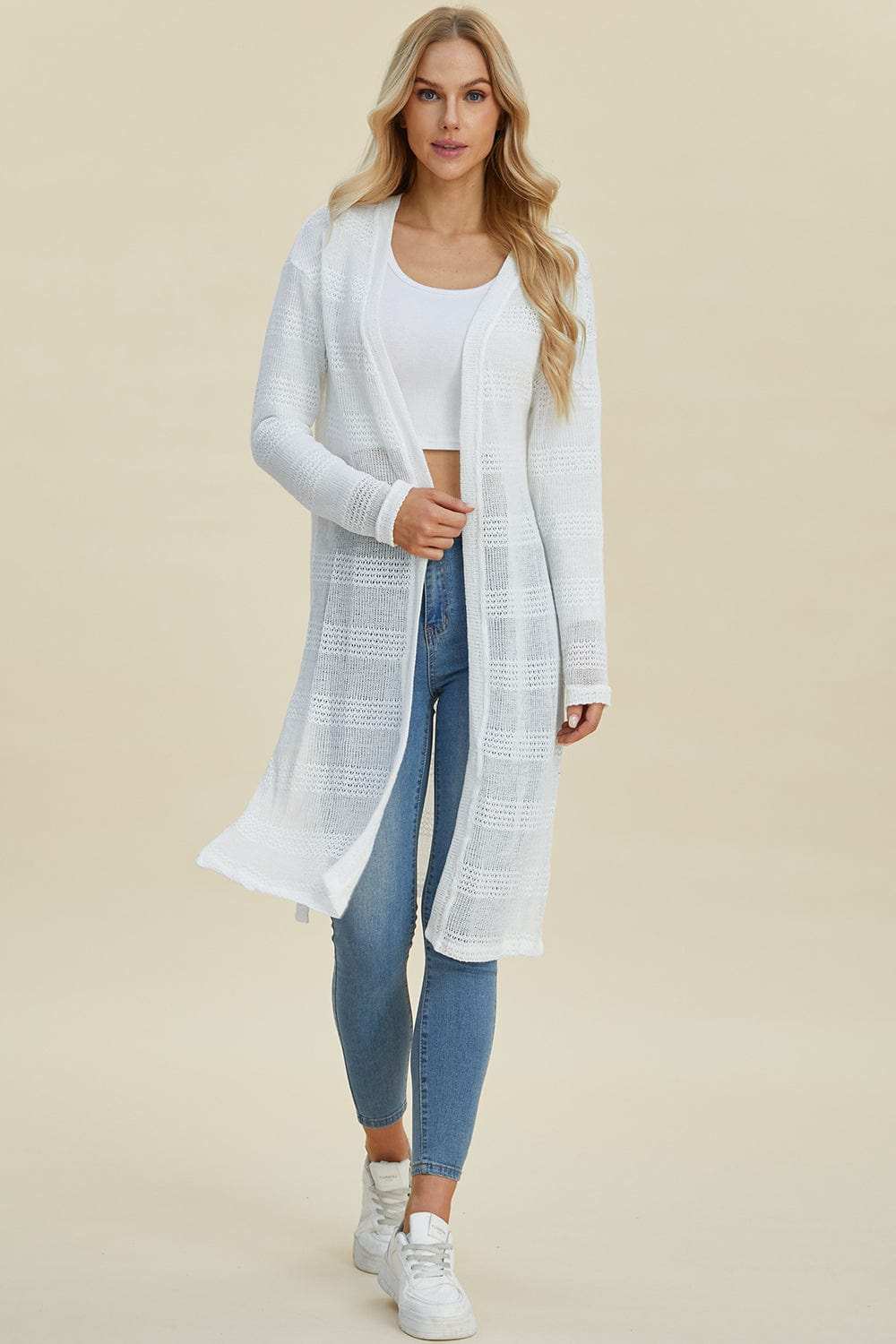 Double Take Full Size Open Front Longline Cardigan - Trendsi - Flyclothing LLC