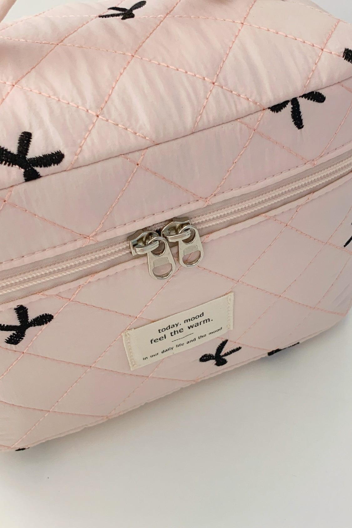 Bow Embroidered Quilted Storage Bag with Zip - Trendsi