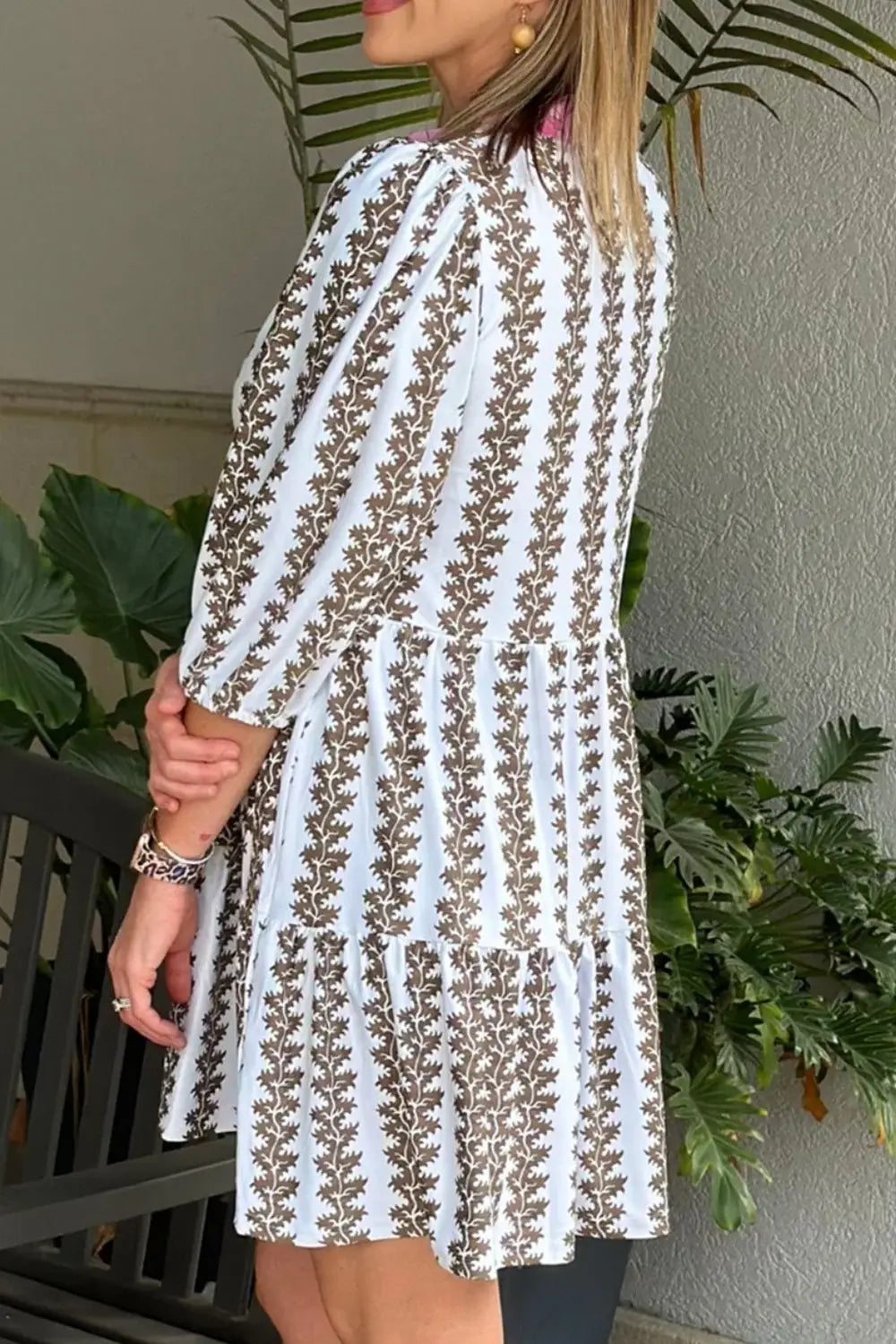 Printed Notched 3/4 Sleeve Mini Dress - Trendsi - Flyclothing LLC