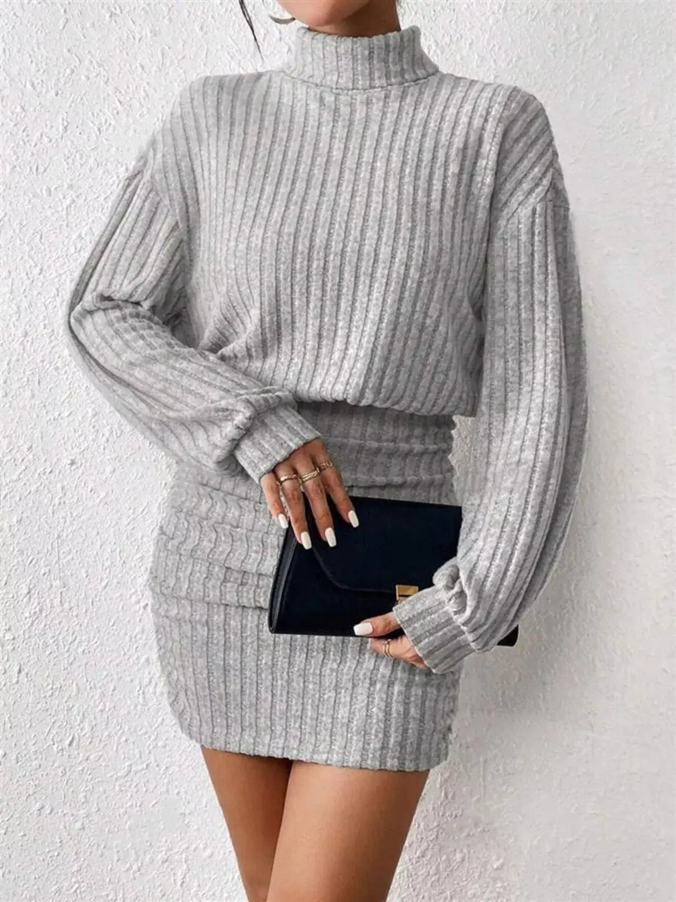 Ribbed Knit Turtleneck Bodycon Mini Dress - Trendsi - Flyclothing LLC