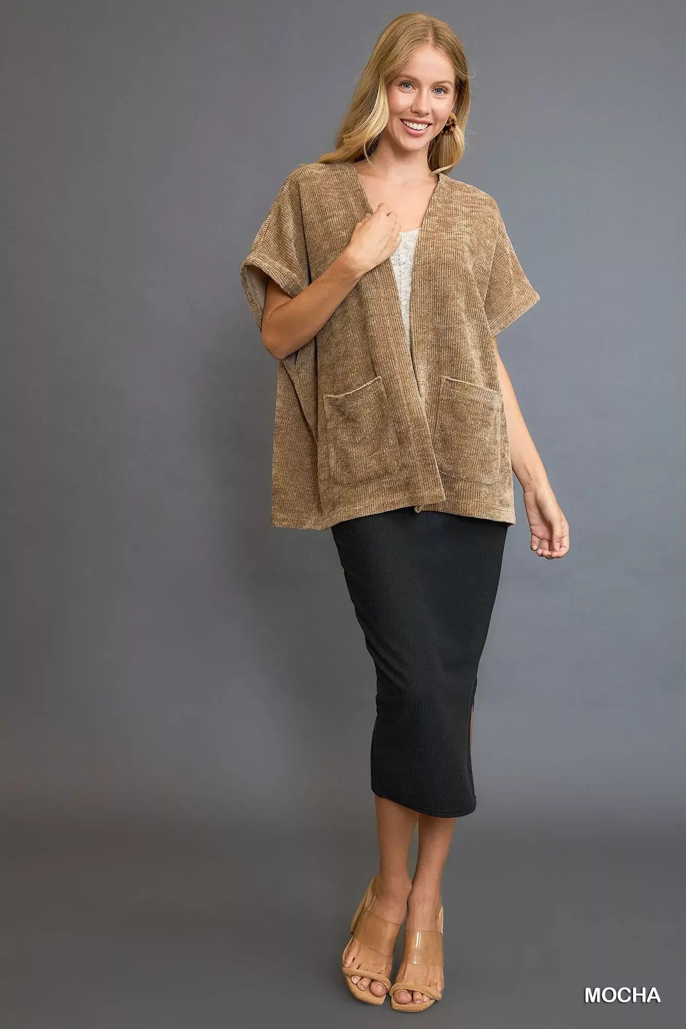 Umgee Open Front Knit Cardigan with Front Pockets - Trendsi - Flyclothing LLC