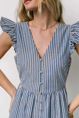 Slit Striped V-Neck Ruffled Cap Sleeve Dress - Trendsi - Flyclothing LLC