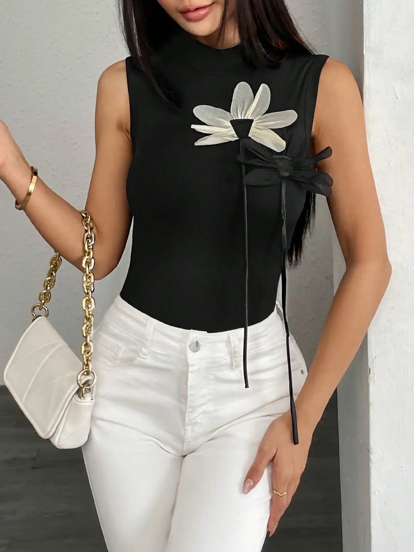 Flower Mock Neck Tank - Trendsi - Flyclothing LLC