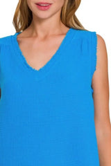 Zenana Double Gauze Raw Edge V-Neck Tank - Trendsi - Flyclothing LLC