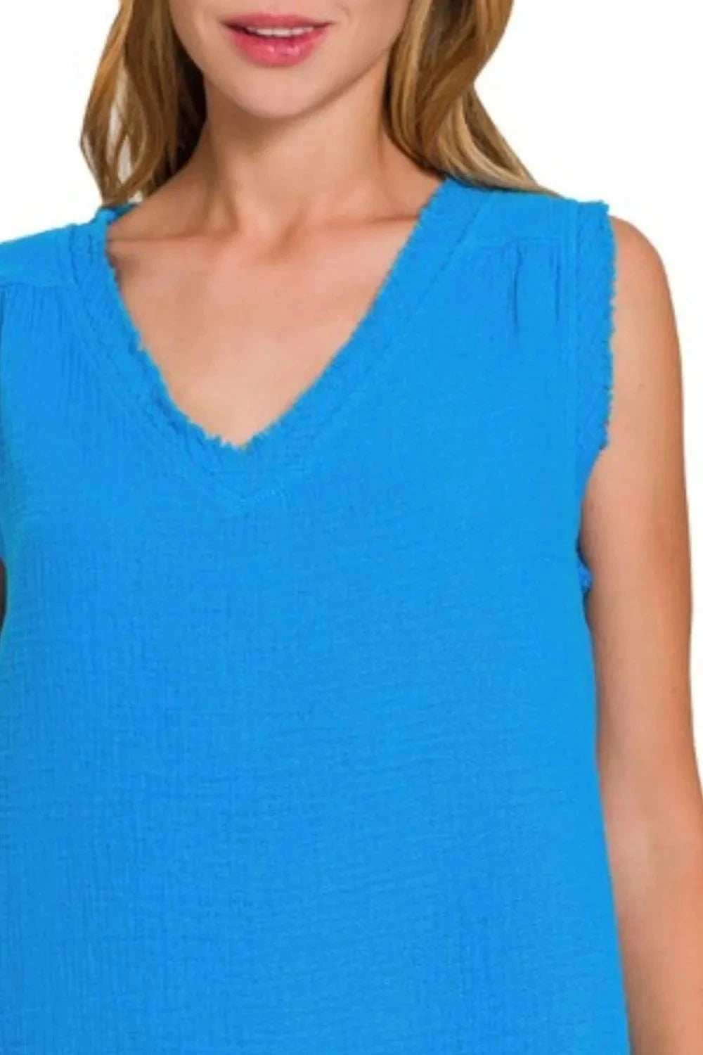 Zenana Double Gauze Raw Edge V-Neck Tank - Trendsi - Flyclothing LLC