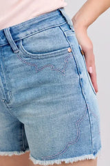 Judy Blue Full Size High Waist Western Embroidery Detail Cut Off Denim Shorts Plus Size - Trendsi - Flyclothing LLC