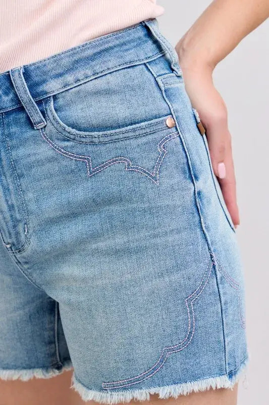 Judy Blue Full Size High Waist Western Embroidery Detail Cut Off Denim Shorts Plus Size - Trendsi - Flyclothing LLC