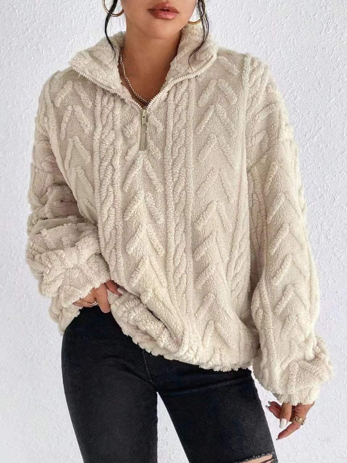 Fuzzy Quarter Zip Long Sleeve Sweatshirt - Trendsi - Flyclothing LLC