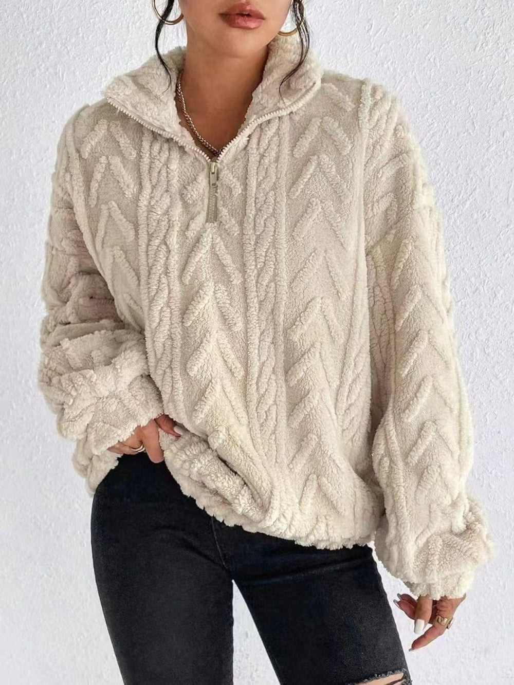 Fuzzy Quarter Zip Long Sleeve Sweatshirt - Trendsi